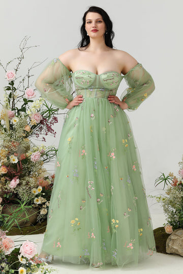En linje fra skulderen grøn plus size gallakjole med broderi